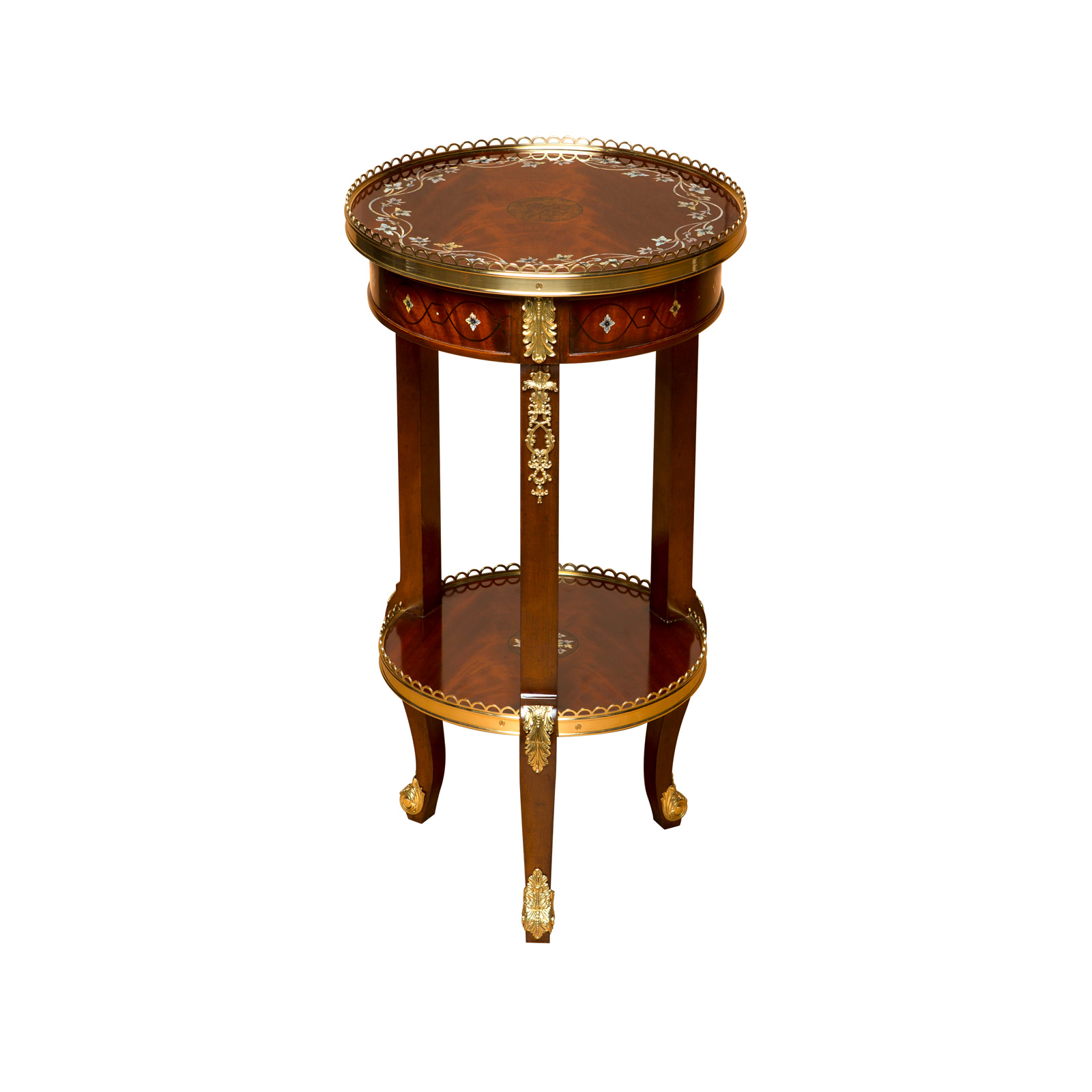 Solid brass embellishments and gallery are the finishing touches on this delicately designed heirloom side table. Authentic Mother of Pearl inlay is a standard in our high end luxury furniture.