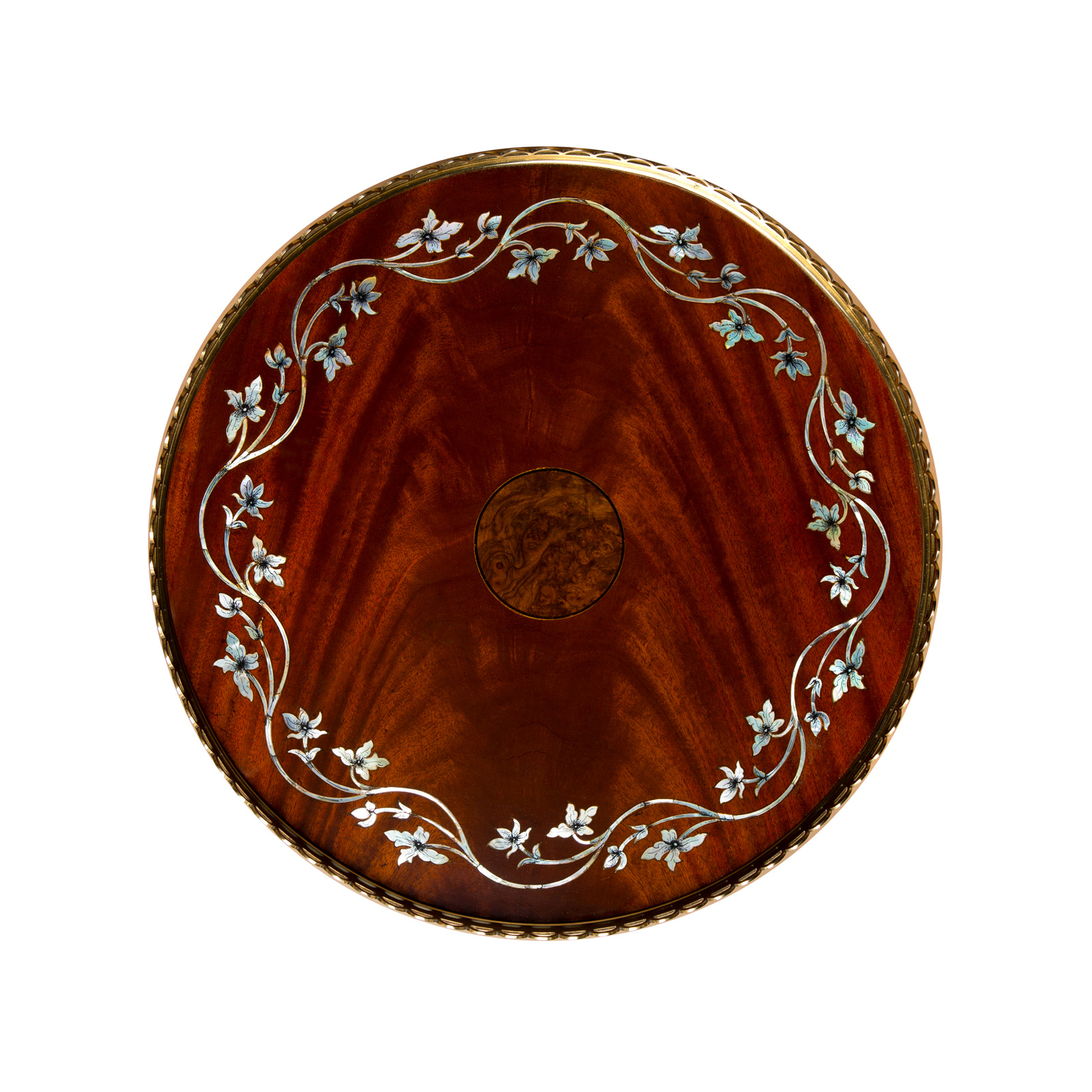 This top view depicts the hand-crafted use of the finest crotch mahogany and burls available, sourced worldwide for their distinct beauty and characteristics.