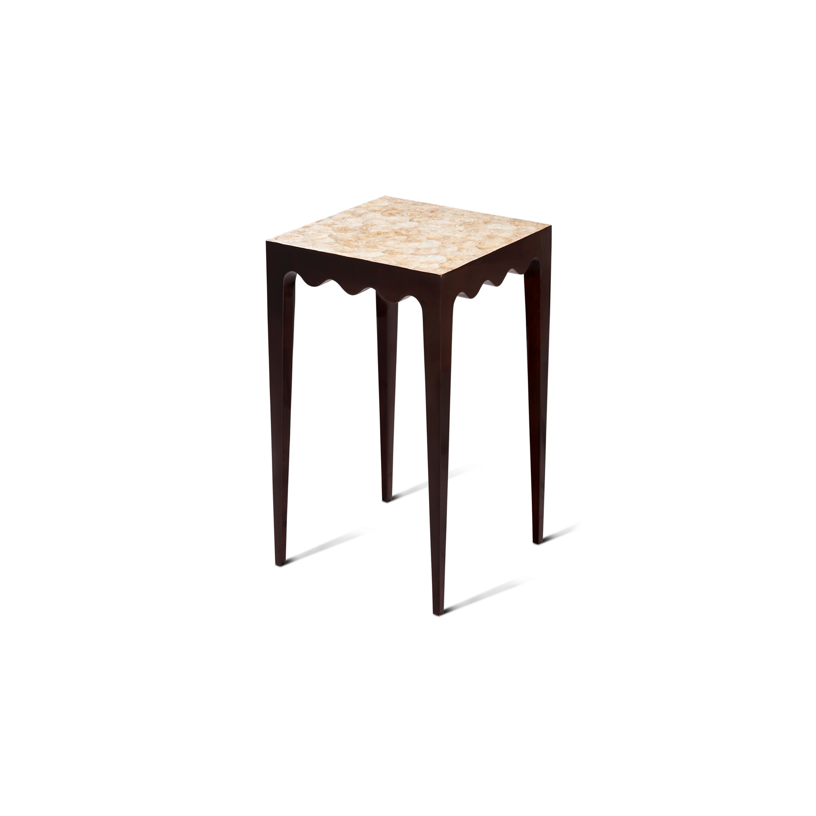 Tapered 4 leg square accent table with scalloped apron in Bergamo Maple Finish and hand inlaid Gold Capiz Shell top.