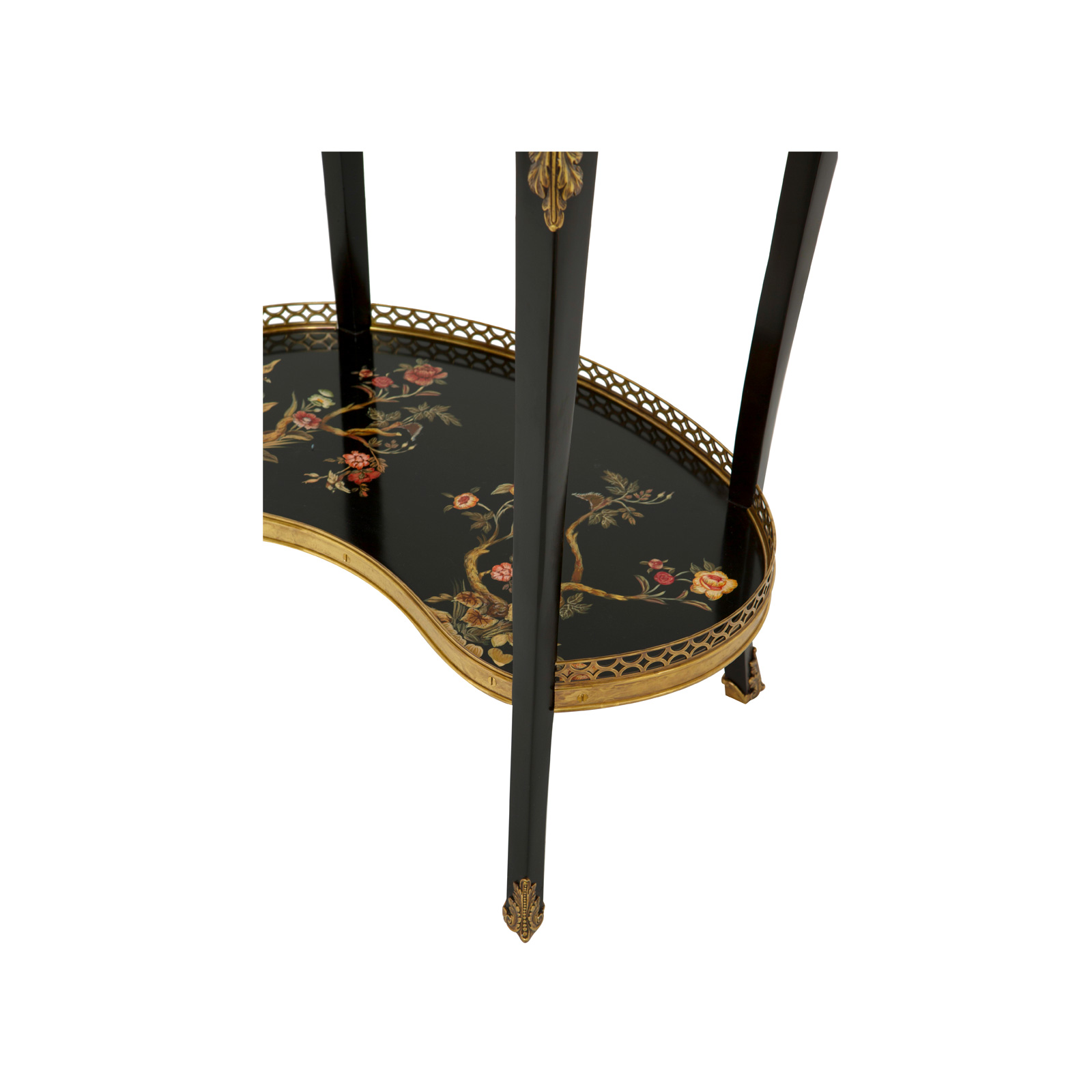 Stunning black hand painted side table features unique custom designed and crafted brass embellishment on the feet, legs and galleries. Each delicate flower is painted by hand by our dedicated craftspeople. Aston Court furniture takes on an artistic quality as all details are done by hand.