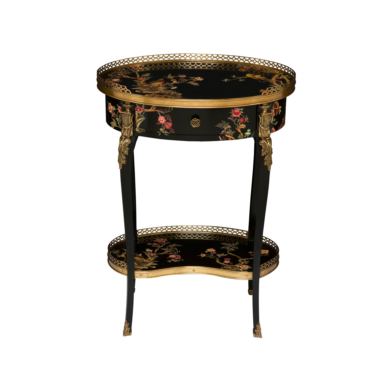 Floral Hand-Painted Black Lacquered Oval Occasional Table with Fine Brass Accents and Kidney Shaped Stretcher